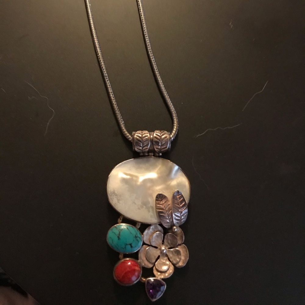 sterling mother of pearl turquoise floral necklace